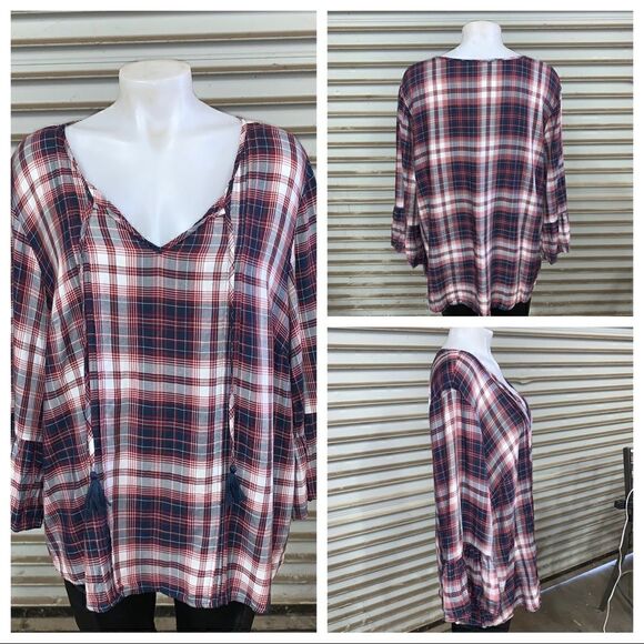 Cosmo Blu plaid tie v neck top with bell cuff - Picture 1 of 8